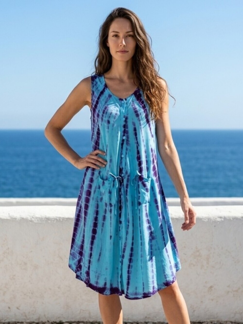 Just Cruising Sleeveless Tie-Dye V-Neck Beach Dress Aqua & Purple Rayon Breezy